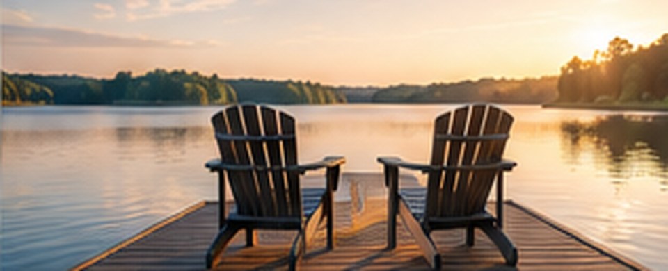 Lakeside chairs at sunset representing retirement